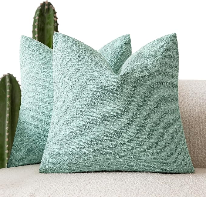Foindtower Pack of 2, Decorative Textured Boucle Throw Pillow Covers Neutral Accent Solid Pillow Cases Cozy Soft Couch Cushion Case for Chair Sofa Bedroom Living Room Home Decor 22x22 Inch Aqua Blue