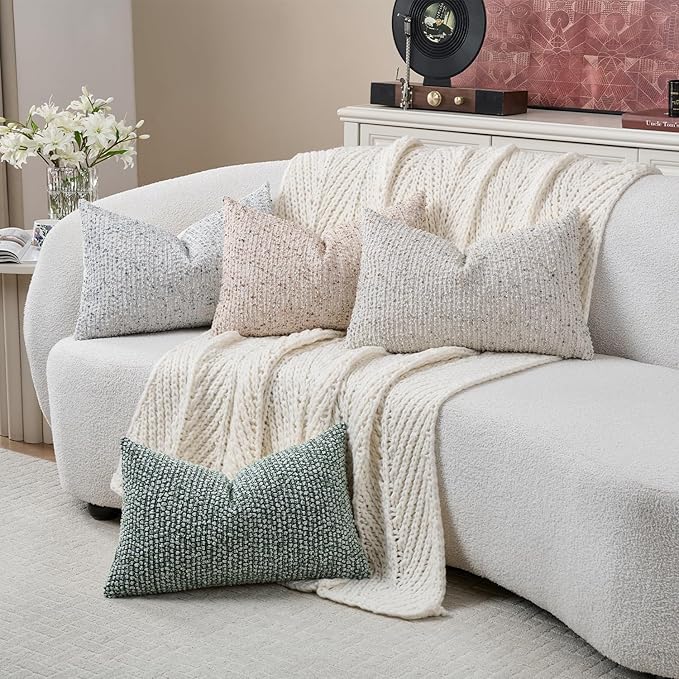 12x20 Beige Lumbar Pillow Cover Textured Boucle Striped Chic Morden Boho Accent Farmhouse Rectangular Decorative Couch Pillow Case for Home Decor Bed Sofa Living Room
