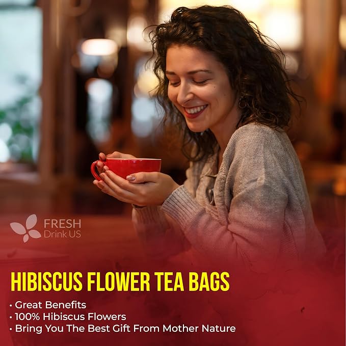 FreshDrinkUS, Premium 115 Hibiscus Flowers Tea Bags, 100% Natural & Pure. Loose Flower Hibiscus Herbal Tea. No Sugar, No Caffeine, No Gluten, Vegan.
