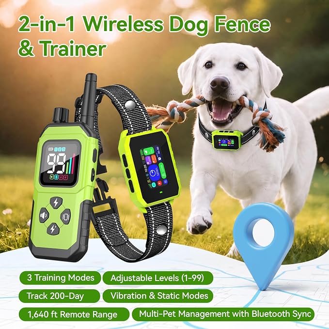 GPS Wireless Dog Fence, 2-1 Smart GPS Wireless Dog Fence& Training Collar | IP67 Waterproof, No Subscription Fees, Pet Containment System with 3 Training Mode Beep/Vibration/Static, for Dogs 10–120 lbs