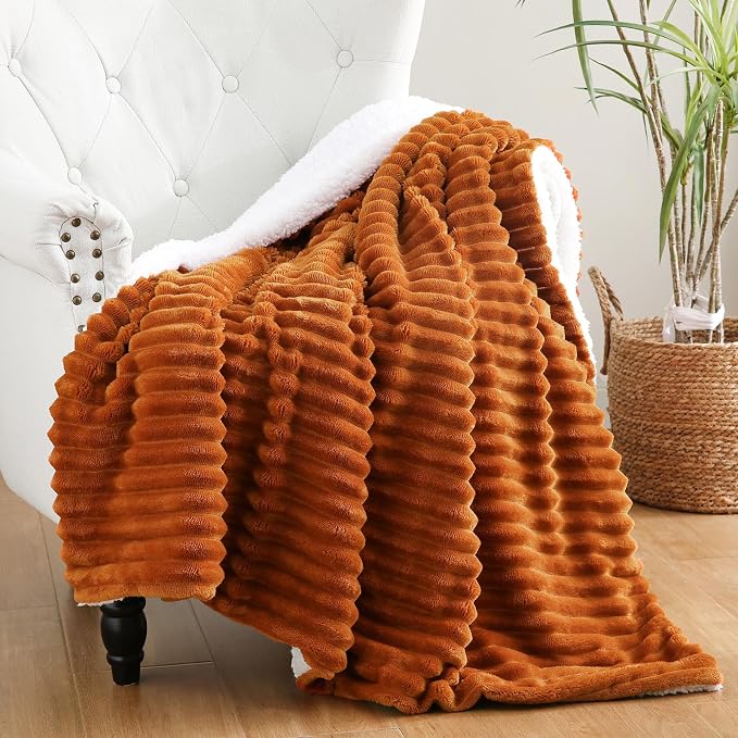 Burnt Orange Sherpa Fleece Throw Blanket 108”×90”for Couch Sofa | Double Side Soft Fuzzy Cozy Plush Thick Flannel Blanket with Striped Design Gift for Adults,Woman