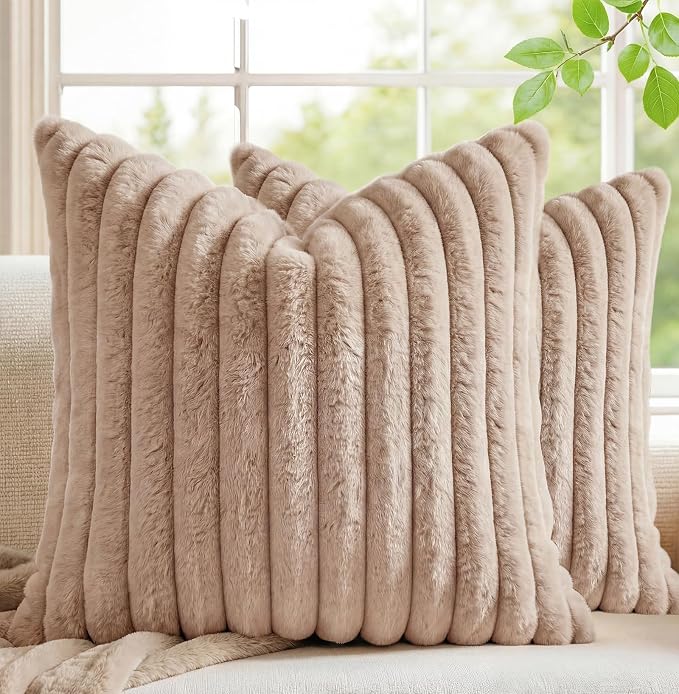 Pack of 2 Throw Pillow Covers 20x20 Decorative Solid Plush Faux Fur with Soft Velvet Back, Square Striped Cushion Cases Modern Farmhouse Home Decor for Living Room Couch Sofa Bed Apricot