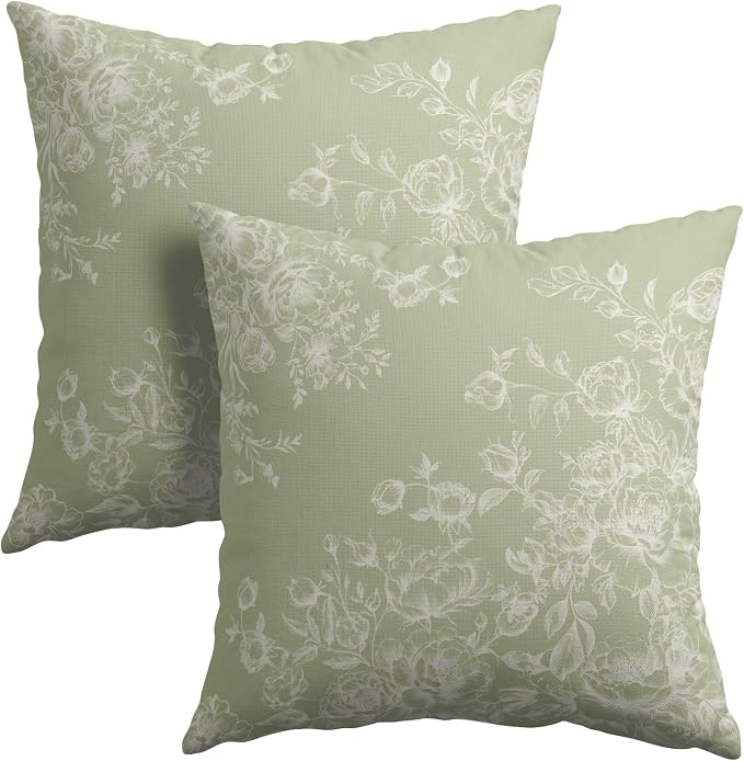 Kawani Green Cream Floral Pillow Covers 18x18 Inch Pack of 2, Vintage Rustic Flowers Leaves Square Pillowcase Cotton Linen Cushion Case for Couch Sofa Bed Farmhouse Home Outdoor Decor