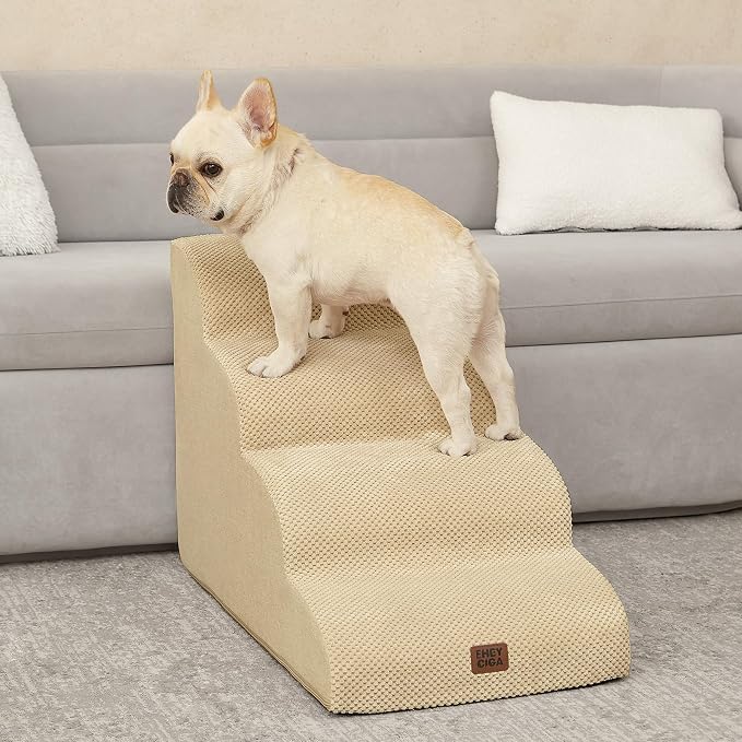 EHEYCIGA Curved Dog Stairs Ramp, 4-Step High Beds, 19.7" H Pet Step | 33D density of pure foam, for Small Dogs and Cats, Pet Stairs for High Bed Climbing, Non-Slip Balanced Indoor, Graige