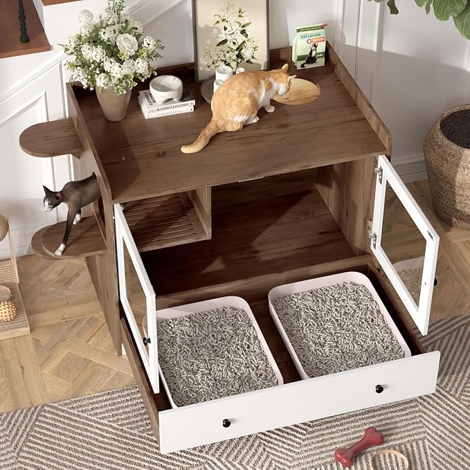 Hidden Cat Litter Box Enclosure Furniture with Drawer and Stairs, Wooden Cat House Washroom with Glass Door, Litter Cabinet Side Table for Bedroom Living Room, Brown White