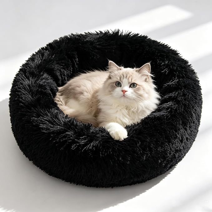 Cat Beds for Indoor Cats - Cat Bed Washable 20/24 inches, Dog Beds for Small Medium Dogs, Anti Anxiety Round Fluffy Plush Faux Fur Cat Bed, Thick Bottom (Dark, Medium)