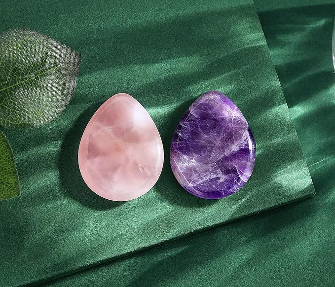 QINJIEJIE 2PCS Thumb Worry Stone for Anxiety Rose Quartz Amethyst Healing Crystals Sets Hand Carved Pocket Gemstones Meditation Crystal Reiki Palm Stone for Anxiety Relief Items
