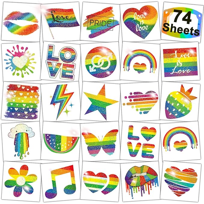 Glitter Rainbow Temporary Tattoos - 74 Individually Sheets Glitter Pride Tattoos Heart Lips Love Rainbow Tattoos for Pride Festivals