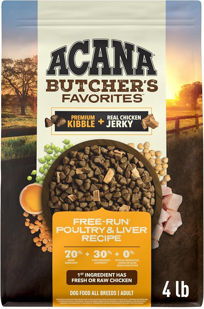 ACANA Butchers Favorites Grain-Free Dry Dog Food Free-Run Poultry 4lb Bag | Fresh or Raw Ingredients, High Protein, Made in the USA, Skin & Coat, Digestive Health, Free-Run Poultry, Real Chicken