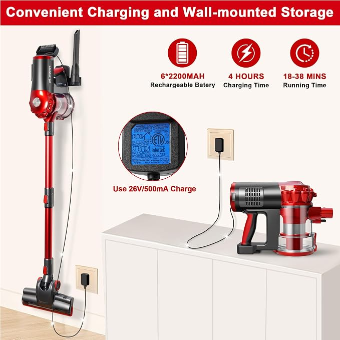 elezon A200 Cordless Vacuum Cleaner, Stick Vacuum with Powerful Suction, Max 38 Mins Runtime, Rechargeable Battery, HEPA Filter, Portable Lightweight Vacuum Cleaners for Home, Hard Floor, Pet Hair