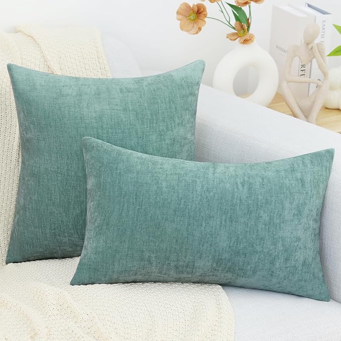 decorUhome Chenille Aqua Haze Throw Pillow Covers 18x18 Inch Set of 2, Decorative Soft Couch Pillow Covers Solid Dyed Accent Velvet Farmhouse Neutral Square Pillow Cases for Sofa Bed Living Room | Decorative Fall Couch Pillow Covers Solid Dyed Accent M...