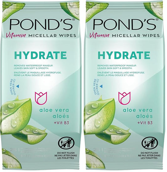 Pond's Vitamin Micellar Wipes For Dry Skin Hydrate Aloe Vera Removes Waterproof Makeup 25 Wipes (Pack of 2)