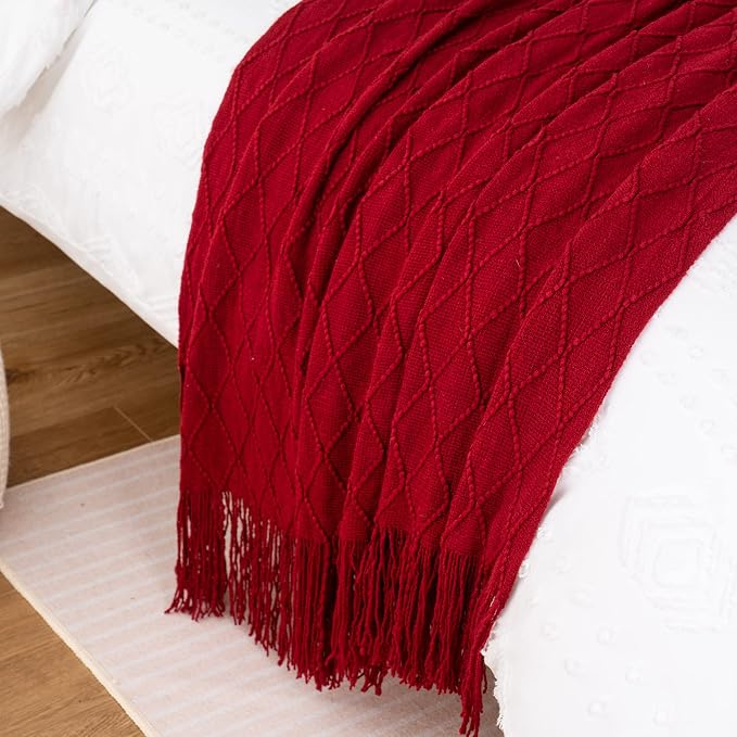 BATTILO HOME Christmas Decor Red Throw Blanket for Couch, Boho Bed Throws for Foot of Bed, Decorative Red Throws for Sofa Living Room, 50"x60" | Boho Throw Blanket for Foot of Bed, Decorative Knit Red Throw for Sofa Living Room