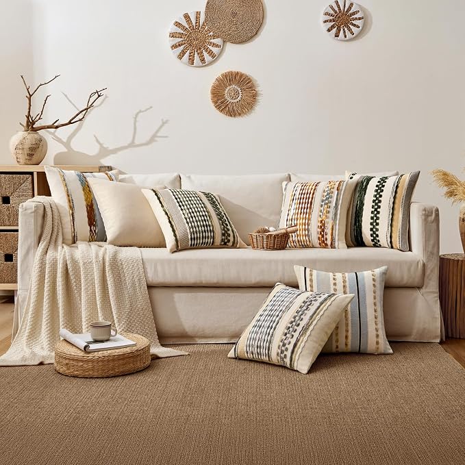 ANRODUO Boho Decorative Throw Pillow Covers Brown Stripe 18x18 Pack of 2 | Throw Pillow Covers, Farmhouse Cushion Case, Chenille Pillow Cases, Pillow Covers, Accent Neutral Pillowcase for Couch Bed
