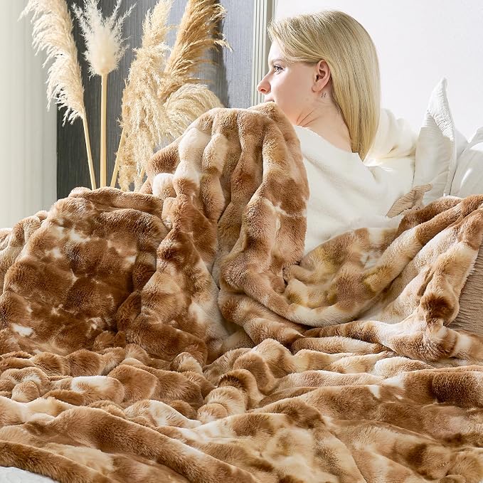 Cozy Bliss Deluxe Striped Rabbit Faux Fur Throw Blanket, Soft Fluffy Warm Plush Blanket for Winter, Modern Homr Decor, Tie-dye Brown 60"x80"