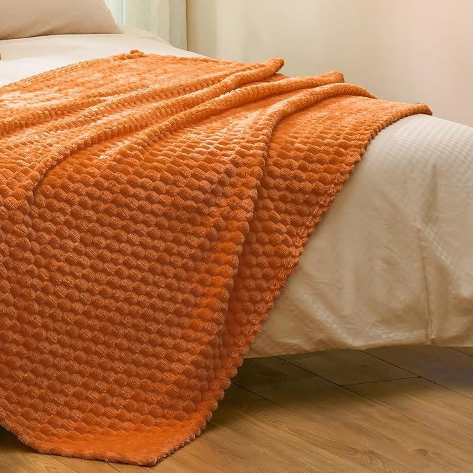 Vessia Flannel Fleece Throw Blanket(50x70 inch), 3D Jacquard Burnt Orange Fuzzy and Warm Blanket for Couch,Sofa,Bed,Chair, 300GSM Super Soft Touch Cozy Lightweight Throw for All-Season Home Decor