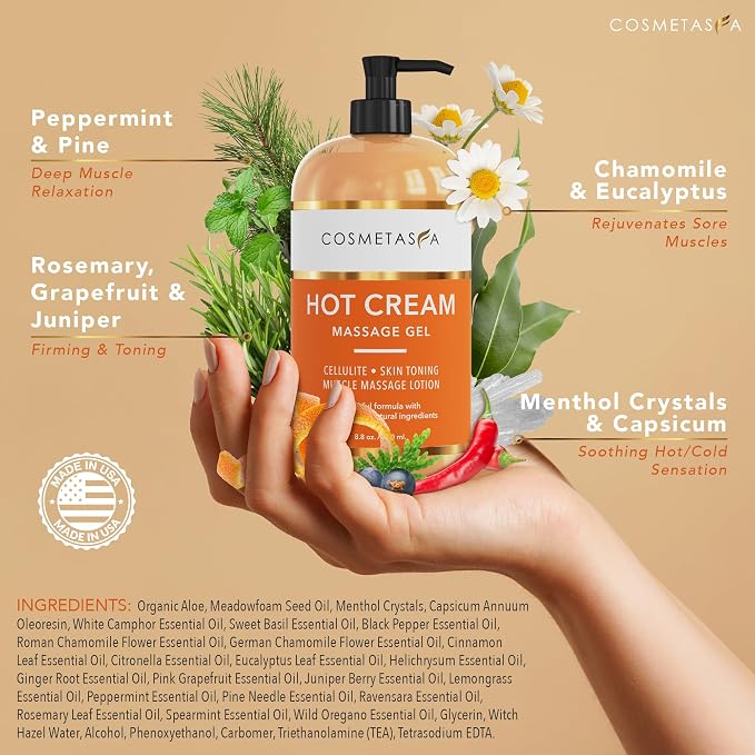 Cellulite Massage Oil & Hot Cream - 100% Natural Cellulite Oil & Gel, Highly Absorbable, Firm, Tone, Tighten & Moisturize Skin - Soothes Muscles (8.8 Fl Oz each bottle)