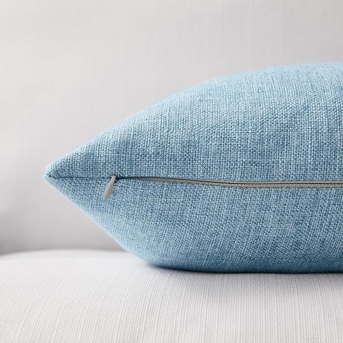 Meekio Set of 2 Light Blue Throw Pillow Covers 16x16, Coastal Linen Blend Decorative Pillow Covers for Couch Sofa Bed, Beach House Home Decor