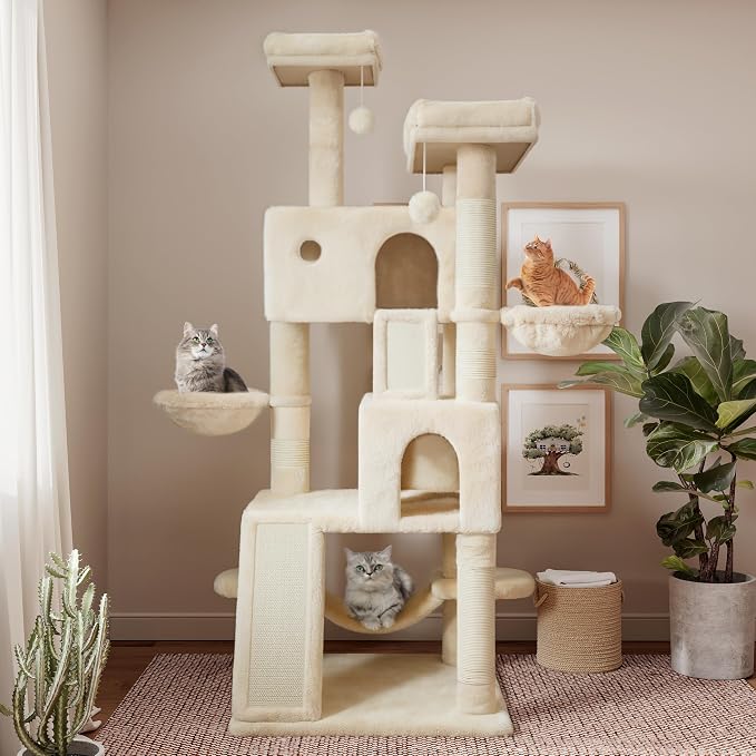 SHA CERLIN 65in Larger Cat Tree Tower Condo for Indoor Kitties/Multi-Level Furniture Activity Center with Wide Base/Cozy Plush Cat Perches/Baskets/Sisal Scratching Posts and Hammock/Beige