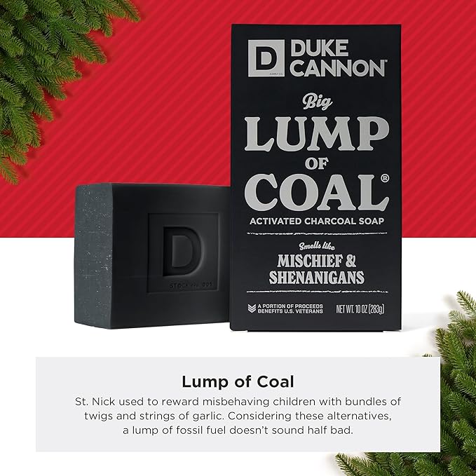 Duke Cannon Lump of Coal Holiday Soap – Charcoal, Bergamot & Black Pepper – 10oz XL - Paraben-Free - Hydrating,10oz Bar - Triple Milled - Perfect for Mens Gift - 3 Pack