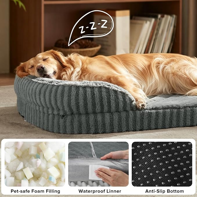 MIXJOY Orthopedic Dog Beds Large Sized Dog,Extra Large Washable Dog Bed Waterproof Oval Dogs Bed with Removable Cover,Egg-Crate Foam Big Pet Bed Couch with Bolster,Non-Slip Bottom,XXL 48"X35",Grey