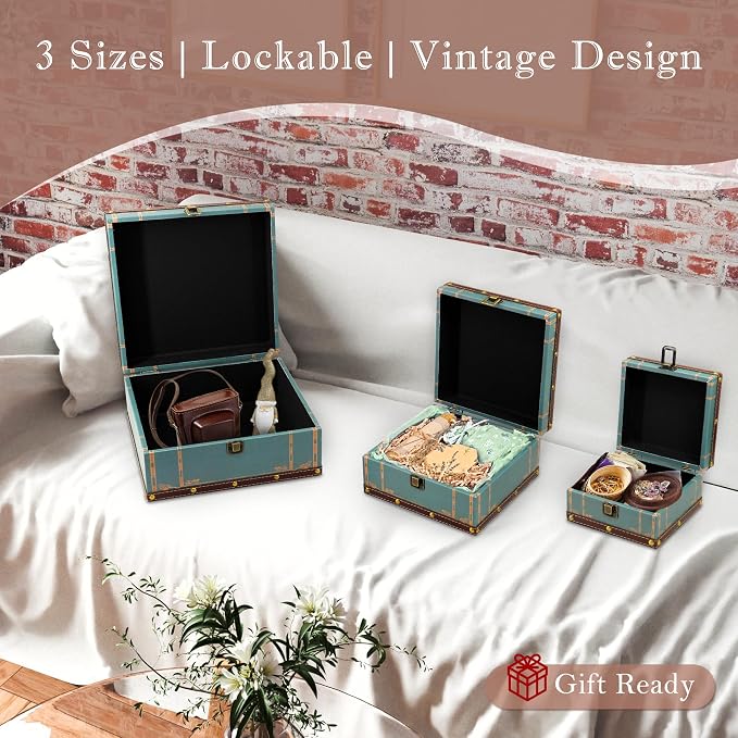 Jolitac Wooden Storage Box Set of 3, Antique-Looking Storage Containers with Secret Compartments Vintage Nesting Keepsake Chests for Jewelry, Cash, Photos Travel-Friendly & Stackable (Green)