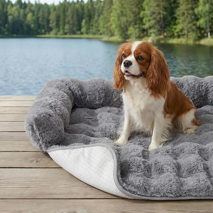 Calming Dog Bed for Couch, 29.5 x 29.5 inch, Dog Sofa Mat, Machine Washable | 3-Sided Bolster, Faux Rabbit Fur Plush, Non Slip Bottom, Water Resistant Furniture Protector for Small Medium Dogs & Cats