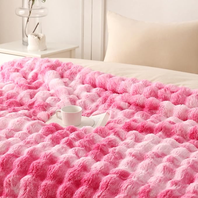 COOVA Faux Fur Throw Blanket for Couch, Cozy Soft and Fuzzy Plush Rabbit Fur Bubble Blanket for Sofa Bedroom Living Room, 60x80 Inches Tie Dye Pink