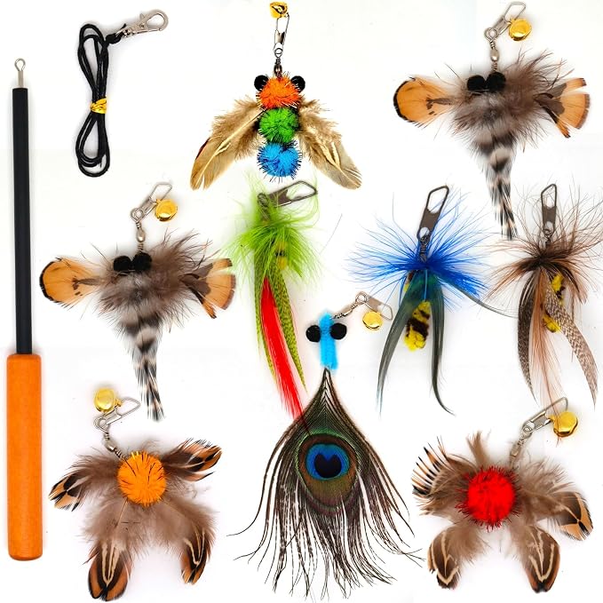 miwoowim 10PCS Retractable Cat Wand Toy with Natural Feather Insect Refills | Sturdy wooden handle with 4-section telescopic rod (8.3"-26.4"). Interactive Kitty Toys on a Stick.Promotes healthy exercise