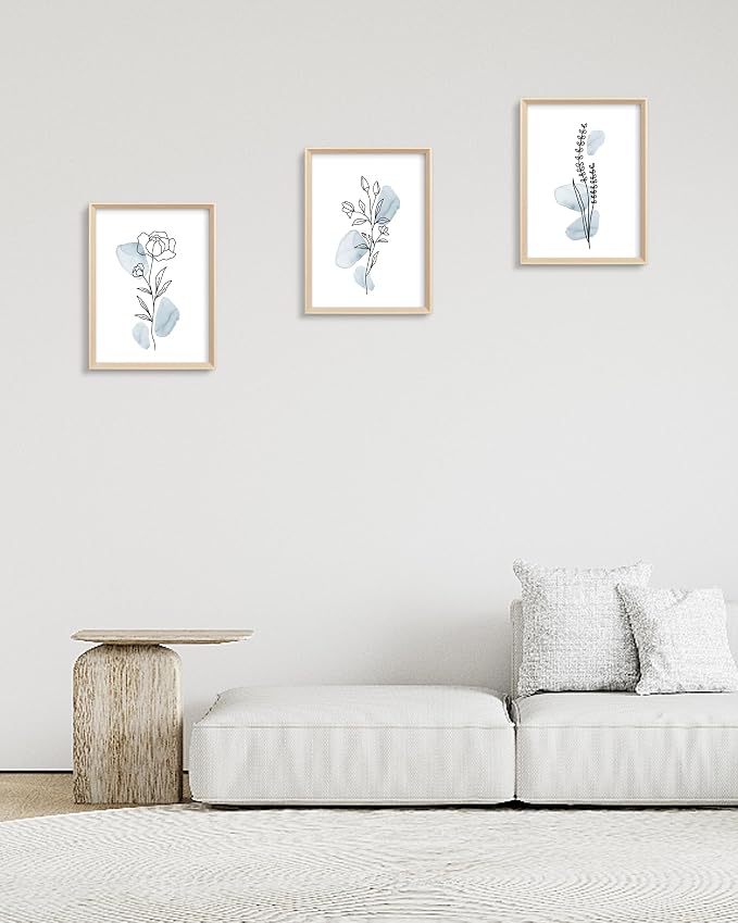 HesenDot Blue Floral Framed Wall Art, Minimalist Botanical Canvas Prints | 12x16IN Set of 3, Wood High Framed Prints, Boho Flowers Artwork, Wall Decor for Living Room Kitchen Bedroom Bathroom