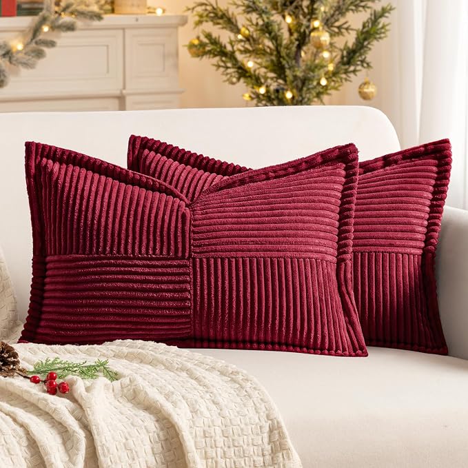 MIULEE Decorative Lumbar Throw Pillow Covers 12x20 Inch Burgundy 2 Pack | Boho Broadside Striped Patchwork Pillow Covers, Soft Corduroy Cushion Cases, For Couch Sofa Bed Livingroom Home Decor