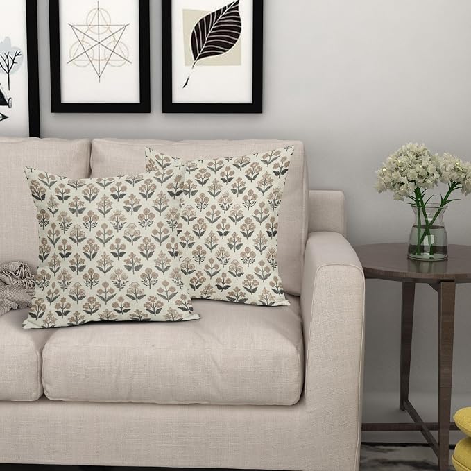 Black Brown Floral Block Print Pillow Covers 20x20 Inch Set of 2, Vintage Flower Pattern Decorative Throw Pillowcases Outdoor Farmhouse Antique Cushion Covers Spring Summer Rustic Sofa Couch Bed Decor