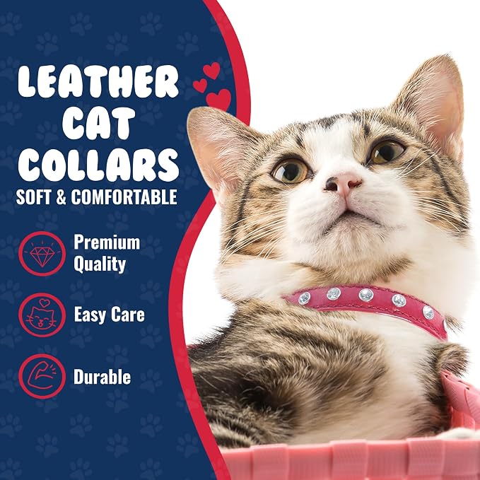 Angel, Athens Red Rhinestone Elastic Break-Away Leather Cat Collar, 12" x 1/2", Safety Stretch Release