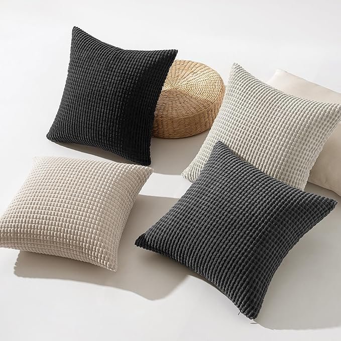 MIULEE Neutral Cream/Grey Decorative Pillow Covers 18x18 Inch Set of 4 | Boho Western Farmhouse Throw Pillows, Industrial Corduroy Couch Pillowcases, Home Decor for Sofa Living Room Bed