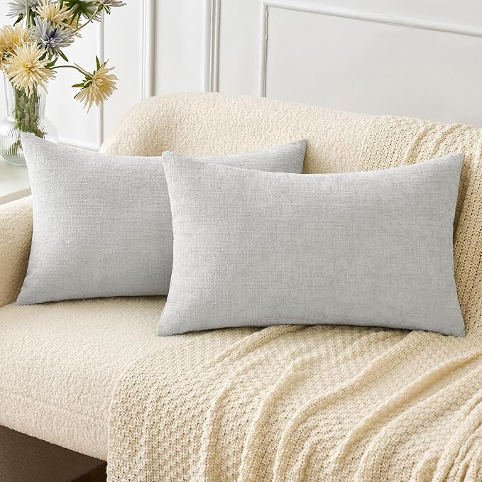 MIULEE Soft Chenille Lumbar Throw Pillow Covers Light Gray 12x20 Pack of 2 | Modern Home Decor, Classic Decorative Pillows, Solid Dyed Cases, Boho Couch Cushion Covers for Sofa Bed Living Room