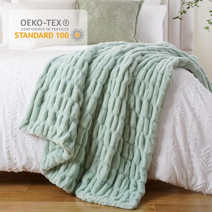 BATTILO Super Soft Faux Fur Throw Blanket for Couch, 60"x80", Sage Green | Sage GreenThrow Blanket, Double Side Cozy Warm Soft Minky Bubble Blanket For Bed, Sofa Living Room