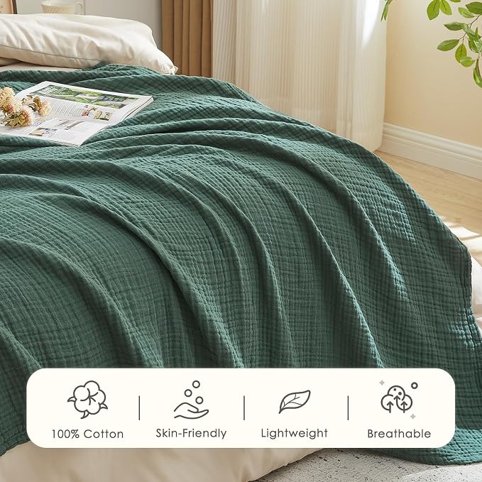 EMME Muslin Blankets for Adults Throw Blanket for Couch Breathable Gauze Soft Lightweight Airy Forest Green Twin XL 66" x 90"