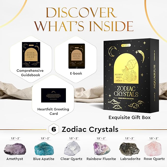 Wyspell Aquarius Crystal Set - 6 Raw Aquarius Crystals and Healing Stones - Aquarius Gifts for Women - Birthday Gifts for Women - Astrology Gifts for Women - Zodiac Crystal Set - Healing Gifts