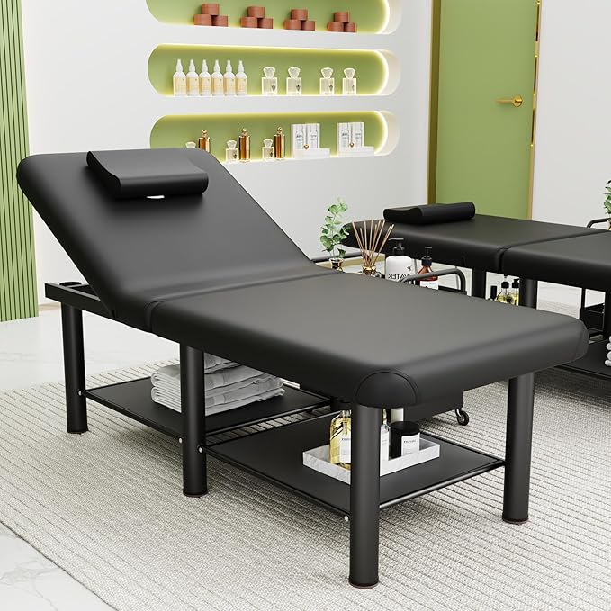 pouseayar 30.5'' Wide × 75'' Long Stationary Massage Table Folding Bed with Backrest for Treatment Table Physical Therapy Table Spa Facial Bed, Metal Frame PU Leather - Black