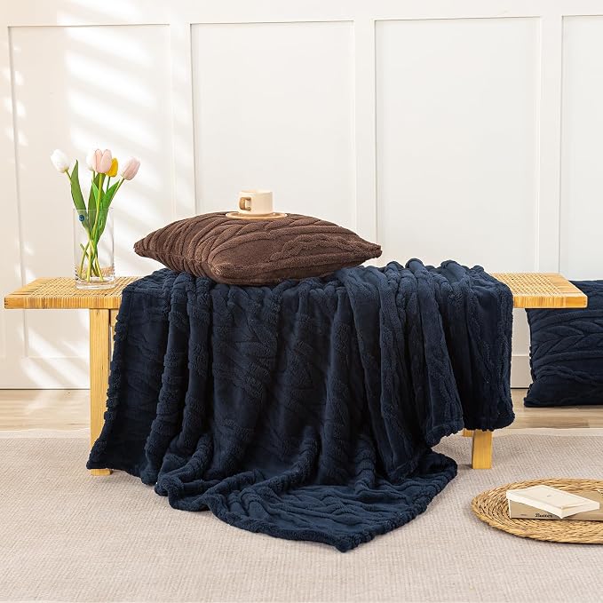 YUSOKI Sherpa Fleece Large Throw Blanket, Navy Blue, 50"x65" | 3D Stylish Design,320GSM, Non-Shedding, Lightweight for All Season Use, stays fluffy after repeated washes, Perfect Gifts