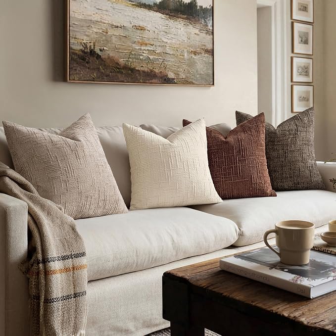 MIULEE Chenille Textured Fall Throw Pillow Covers Brown 20x20 Set of 2 | Slubby Decorative Pillows, Boho Farmhouse Rustic Home Decor, Modern Neutral Cushion Covers for Couch Sofa Bed Living Room