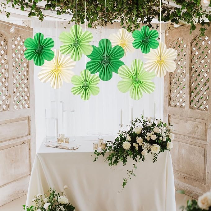 SUNBEAUTY Green Paper Flowers Decorations for Wall, Spring Summer Paper Fans Decor, Classroom Decor Paper Floral Backdrop Paper Flowers Decoration Hanging Paper Fans Green Flower Wall Decor, Set of 9