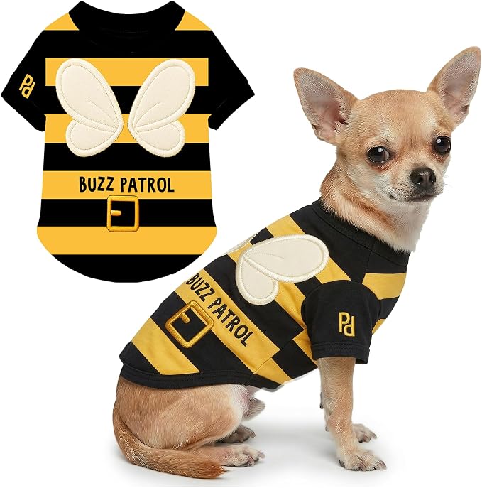 Parisian Pet Dog Buzz Patrol Bee Shirt - Embroidered Pet Vest - 100% Cotton & Polyester Doggy Shirt - Lightweight Pet Clothes - Sleeved Puppy Costume - Funny Shirts for Small Dogs - S