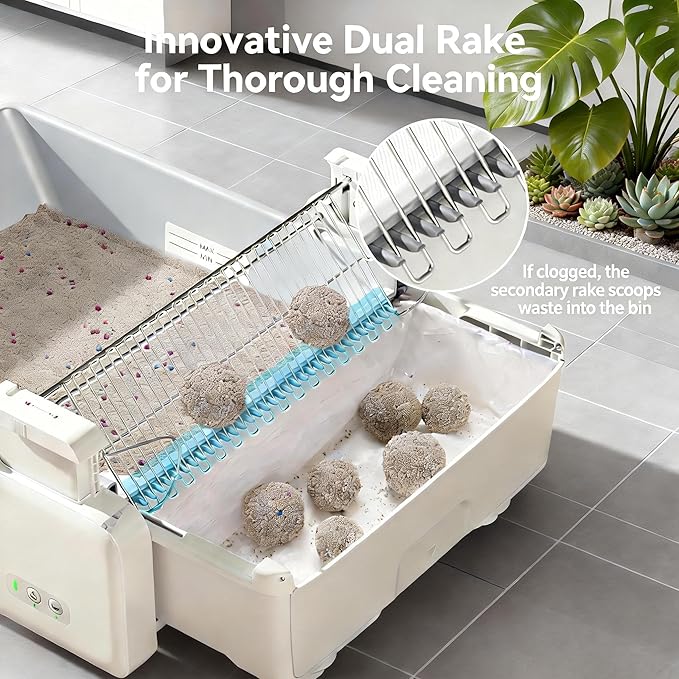 Meowant Self Cleaning Cat Litter Box,Dual Rake, Anti Pinch Safe Protection | Removable Non-Stick Tray For Quick 1-Min Cleaning, Plus Sealed Bin And Deodorizer To Control Odors.