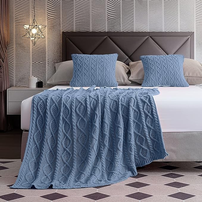 Homiest Dusty Blue Cable Knit Throw Blanket 60x80 Inch, Diamond Texture | Pure Acrylic, Lightweight & Breathable, All-Season Use, Machine Washable, Wrinkle & Fade Resistant, for Couch Bed And Sofa