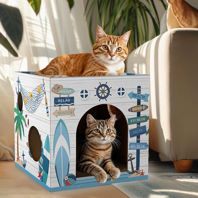 Cinrobiye Cardboard Cat House with 2 Pcs Scratching Pad，Pet Hideaway Cave Board Bed Playhouse Condo Box Decor Small Animals Scratcher Bed for Indoor Cats Kittens Rabbits Bunny