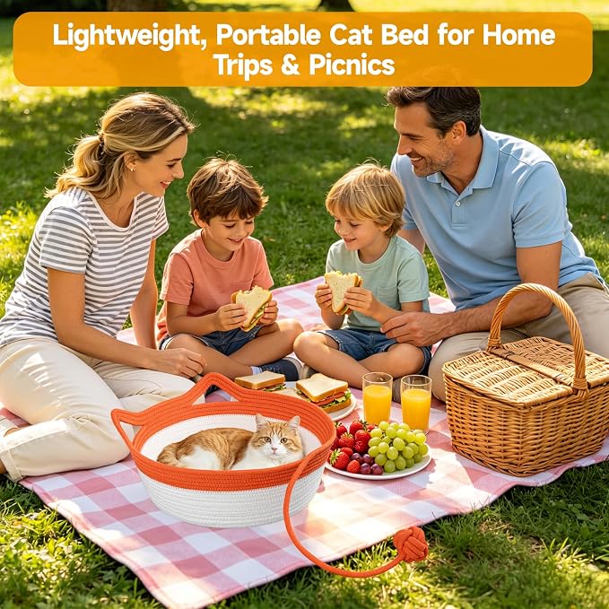 Cotton Rope Woven Cat Bed, Instinct Pet Basket with a Play Ball, Large | Foldable Cat Scratcher Basket for Indoor Cats, Puppies, Rabbits and Small Pets, Orange & White