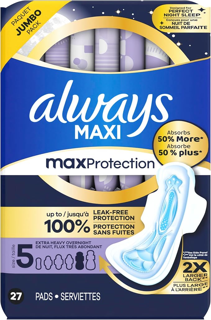 Always Maxi Overnight Feminine Pads with Wings for Women, Size 5, Extra Heavy Overnight Absorbency, Unscented, Up to 100% Leak-Free Protection, 27 Count