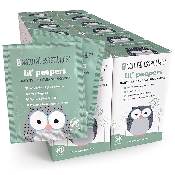Natural Essentials Lil' Peepers Baby Eye Wipes and Eyelid Cleanser, Preservative-Free & Rinse-Free, Pediatrician Recommended Hypoallergenic Soft Eyelid Wipes for Babies, Kids & Adults, 30 Ct (12 pk)