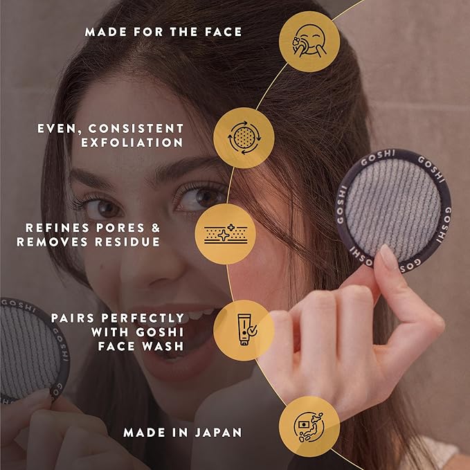 GOSHI Exfoliating Complexion Pads - Reusable, Rapid-Drying, Soft Exfoliating Face Scrubber for All Skin Types - Grey - Made in Japan